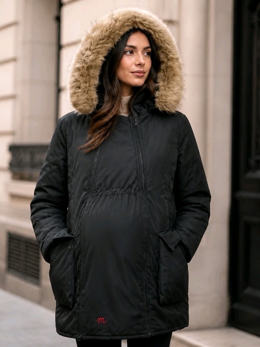 Maternity Winter Coat - Canadian Spirit Black Coat With Removable Hood